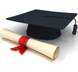 A black graduation cap placed beside a rolled diploma tied with a red ribbon, symbolising academic achievement and graduation.